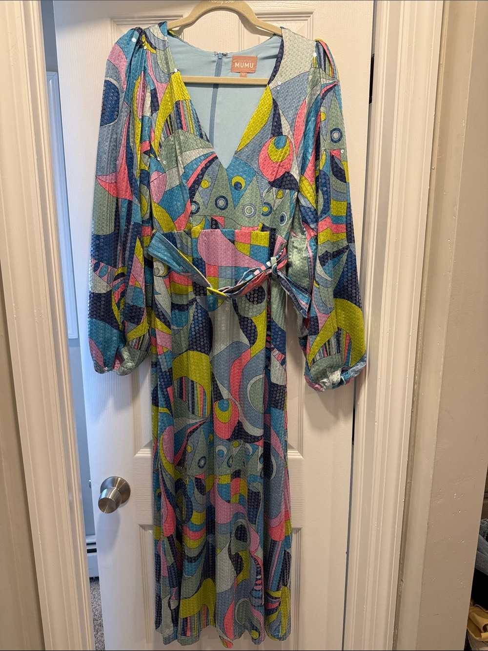 Show Me Your MuMu Multicolor Abstract Midi Dress in Blue, Pink, Lime
